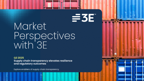 'Market Perspectives with 3E' in bold white text, highlighting 'Q3 2025' in light green. The subtitle reads 'Supply chain transparency elevates resilience and regulatory outcomes,'