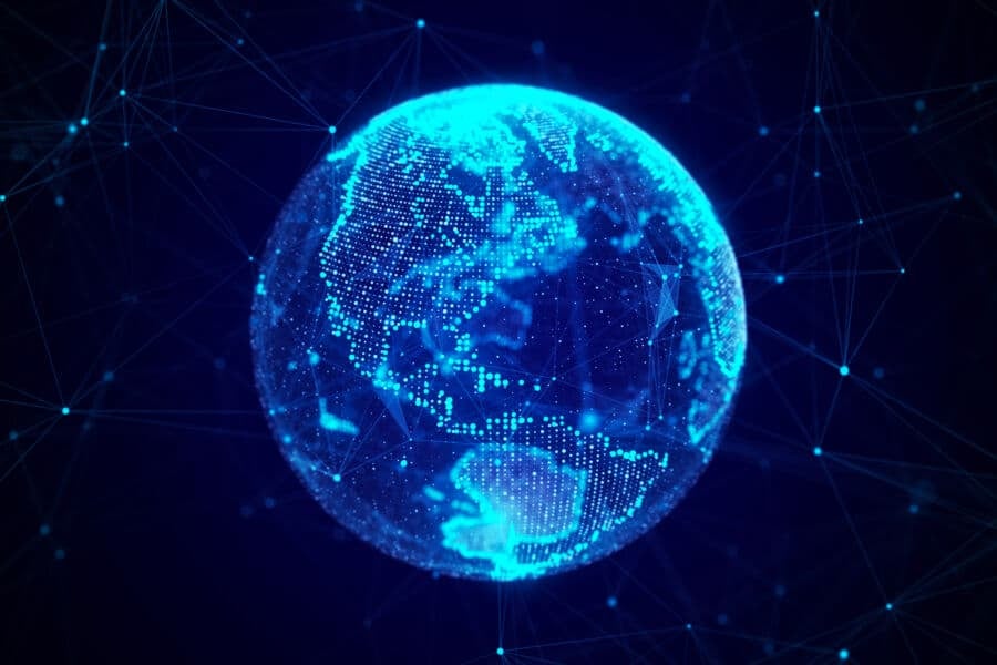Planète Terre abstraite avec des particules et une coquille connectée par des lignes. Connexion en réseau mondial. Science et technologie. Rendu 3D.
