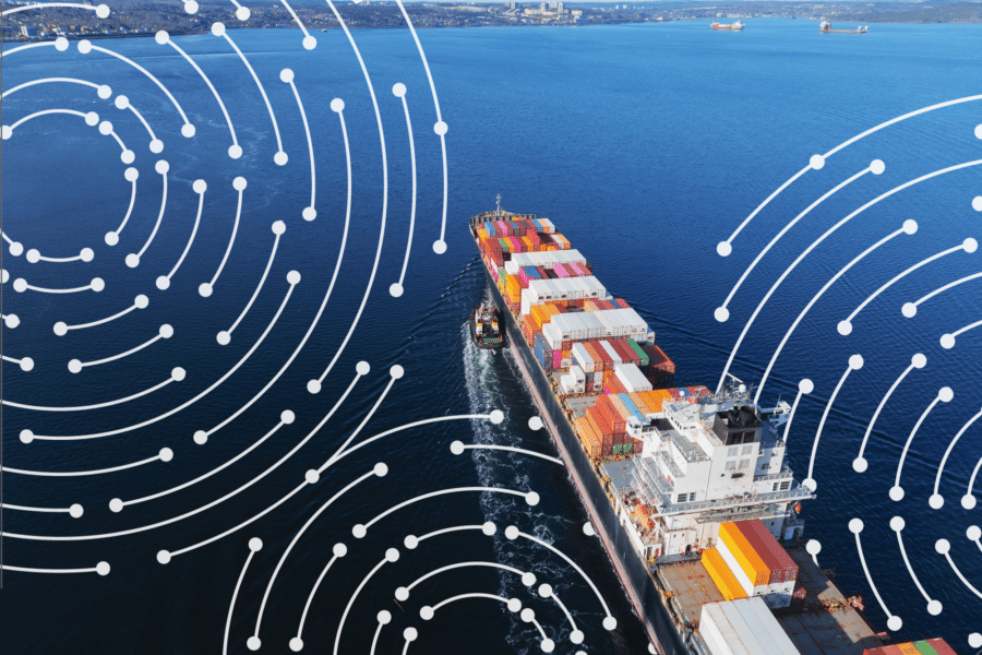 Supply chain data collection, container ship with 3E branding